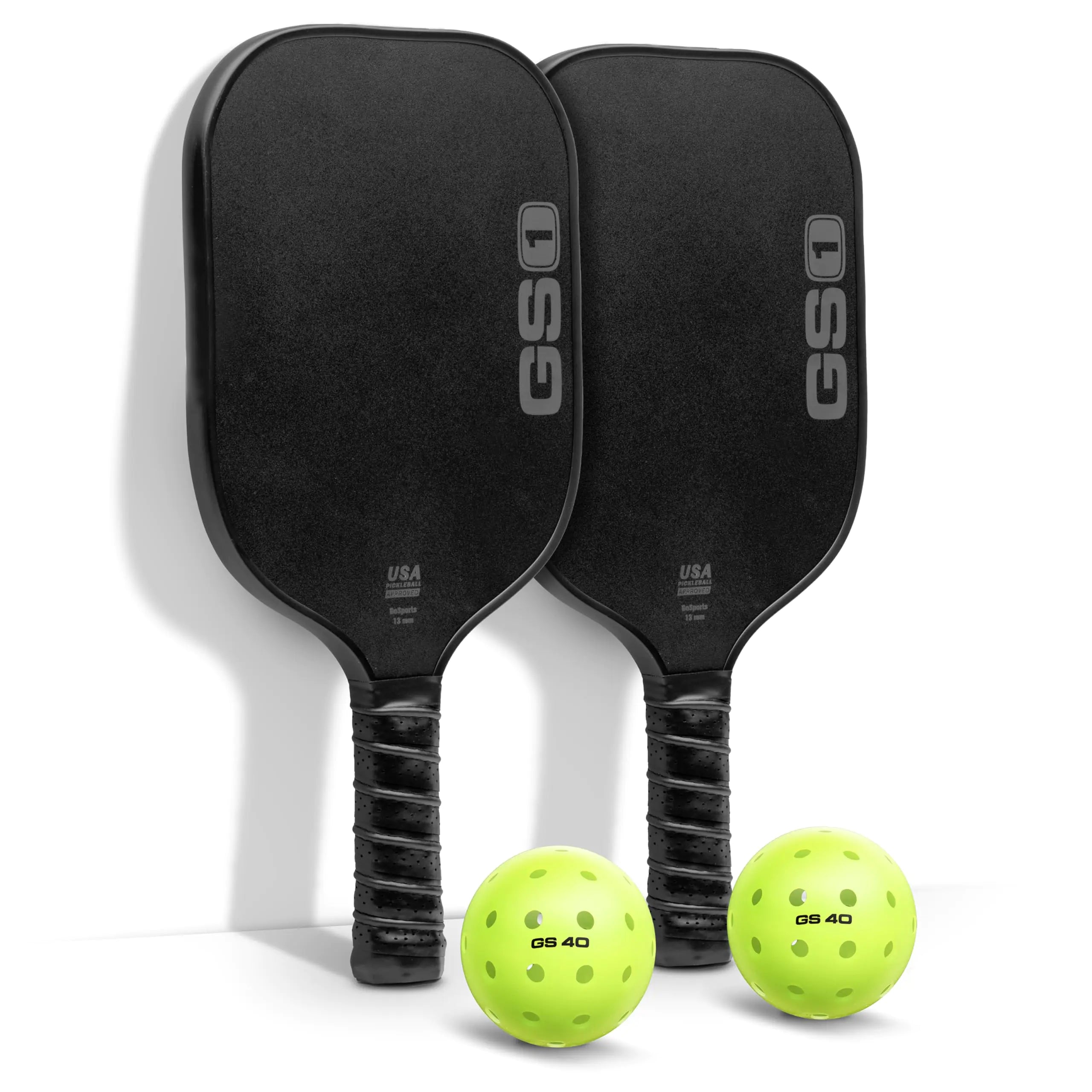 GoSports GS1 Pickleball Paddles Set of 2 with 2 Pickleballs - USAPA Approved Fiberglass Pickleball Paddles Black