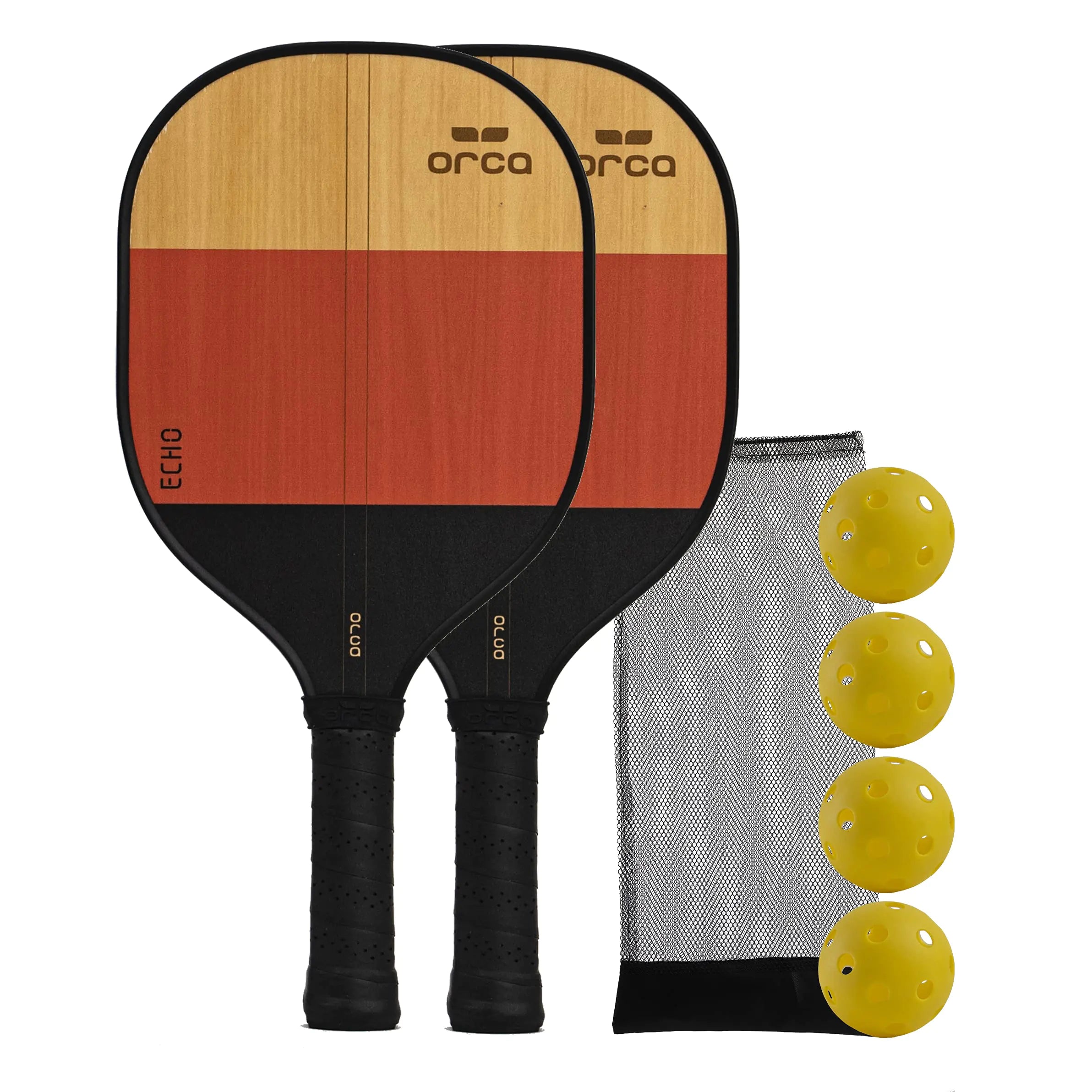 Orca Paddle Co. Echo Pickleball Paddles Set of 2 with 4 Pickleballs Mesh Bag - Racket for Beginners Intermediate Advanced Players - Pickle-Ball Accessories and Equipment