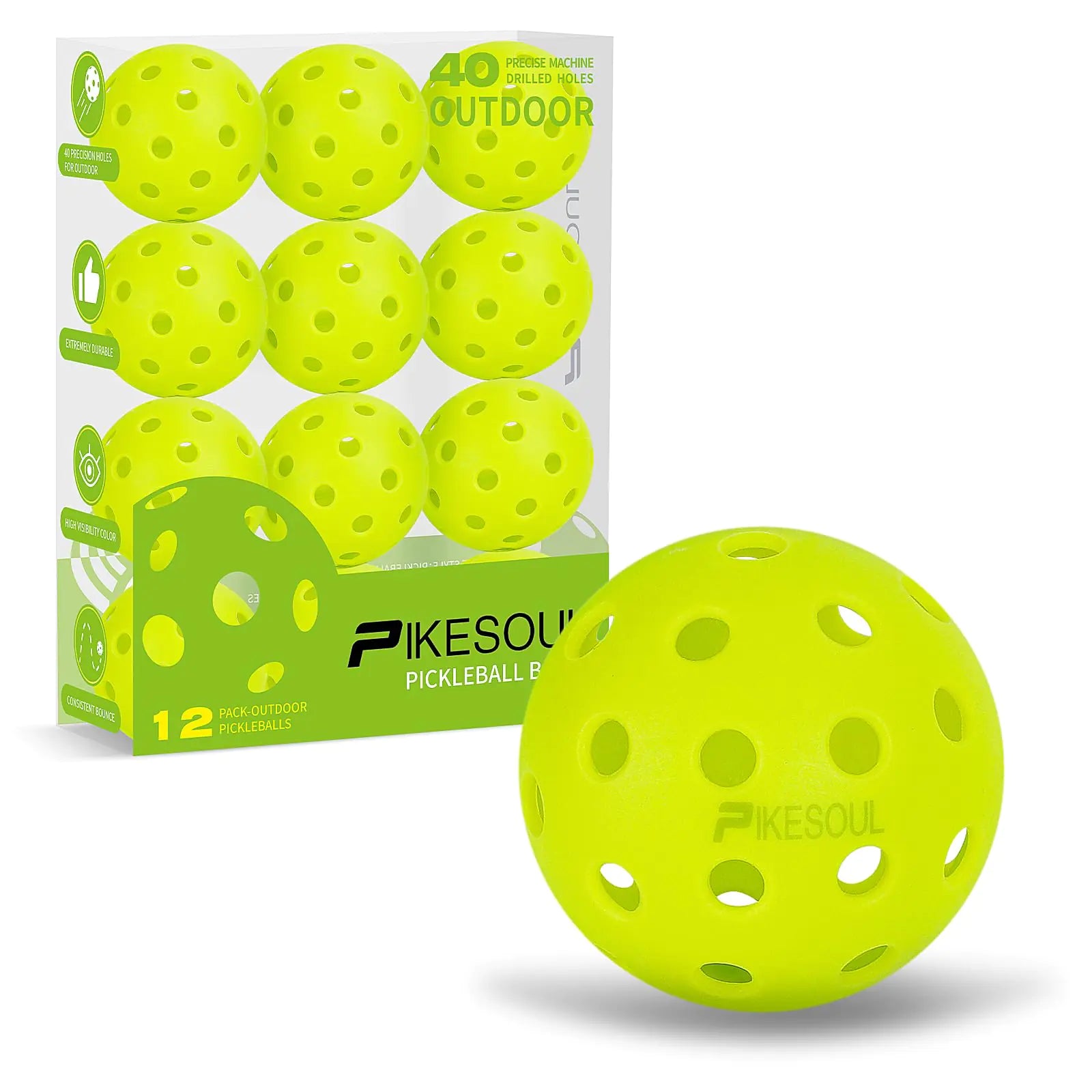 PIKESOUL Pikleball Balls 12 Pack of 40 Hole Outdoor Pickleball Balls High Bounce and Visibility Durable and Balanced Pickleball Balls for All Pickleball Paddles & All Skill Levels - Green